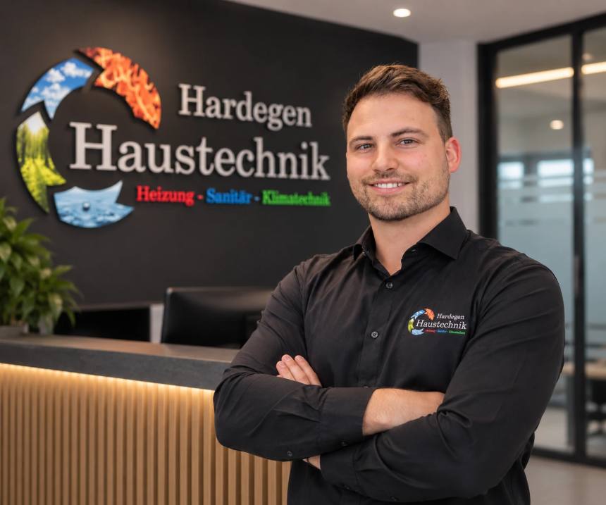 Marius Hardegen, Geschäftsführer, im Empfangsbereich von Haustechnik Hardegen