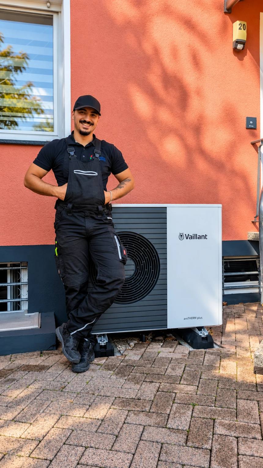 Merwan vom Team Hardegen vor einer Vaillant aroTHERM plus Wärmepumpe