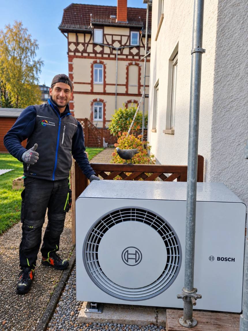 Yusuf vom Team Hardegen neben einer von uns installierten Bosch Wärmepumpe